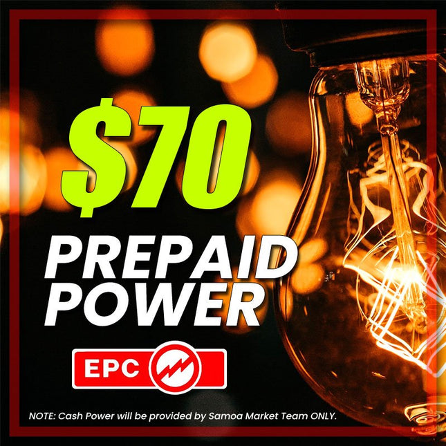 Prepaid Power Voucher - $70 Tala - Must provide Meter Number + Reg. Name to avoid delays (Supplied by Samoamarket.com, Mon - Fri 8am - 4.30pm, Sat 8am - 12pm (Closed Sundays & Public Holidays) - Samoamarket.com